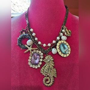 Betsey Johnson Antique Gold Multi-Charm Necklace with Purple and Blue Gems
